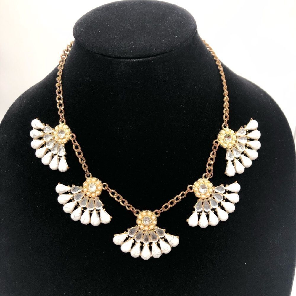 Fan Shaped Statement Necklace in Gold Tone chain and glass beads